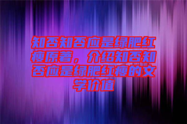 知否知否應(yīng)是綠肥紅瘦原著，介紹知否知否應(yīng)是綠肥紅瘦的文學價值